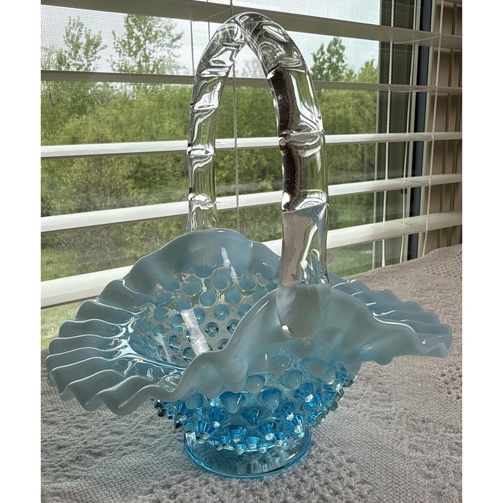Fenton Blue Opalescent Hobnail Small‎ Basket Ruffled Glass with Handle Vintage